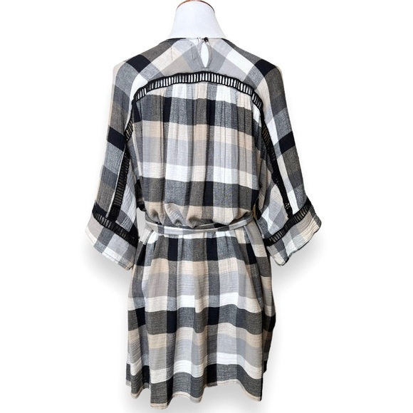 Anthropologie Black Cream Plaid Check Draped Tie Waist Belted Kimono ShirtDress - Picture 8 of 16